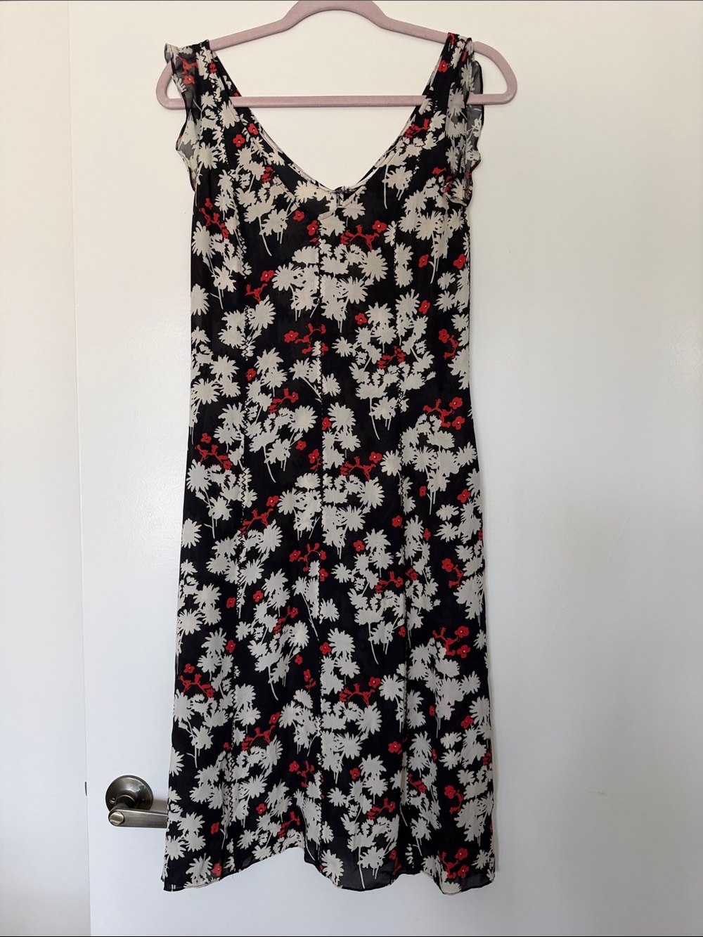 Diane Von Furstenberg Black Slip Midi Dress with White & Red Floral Print